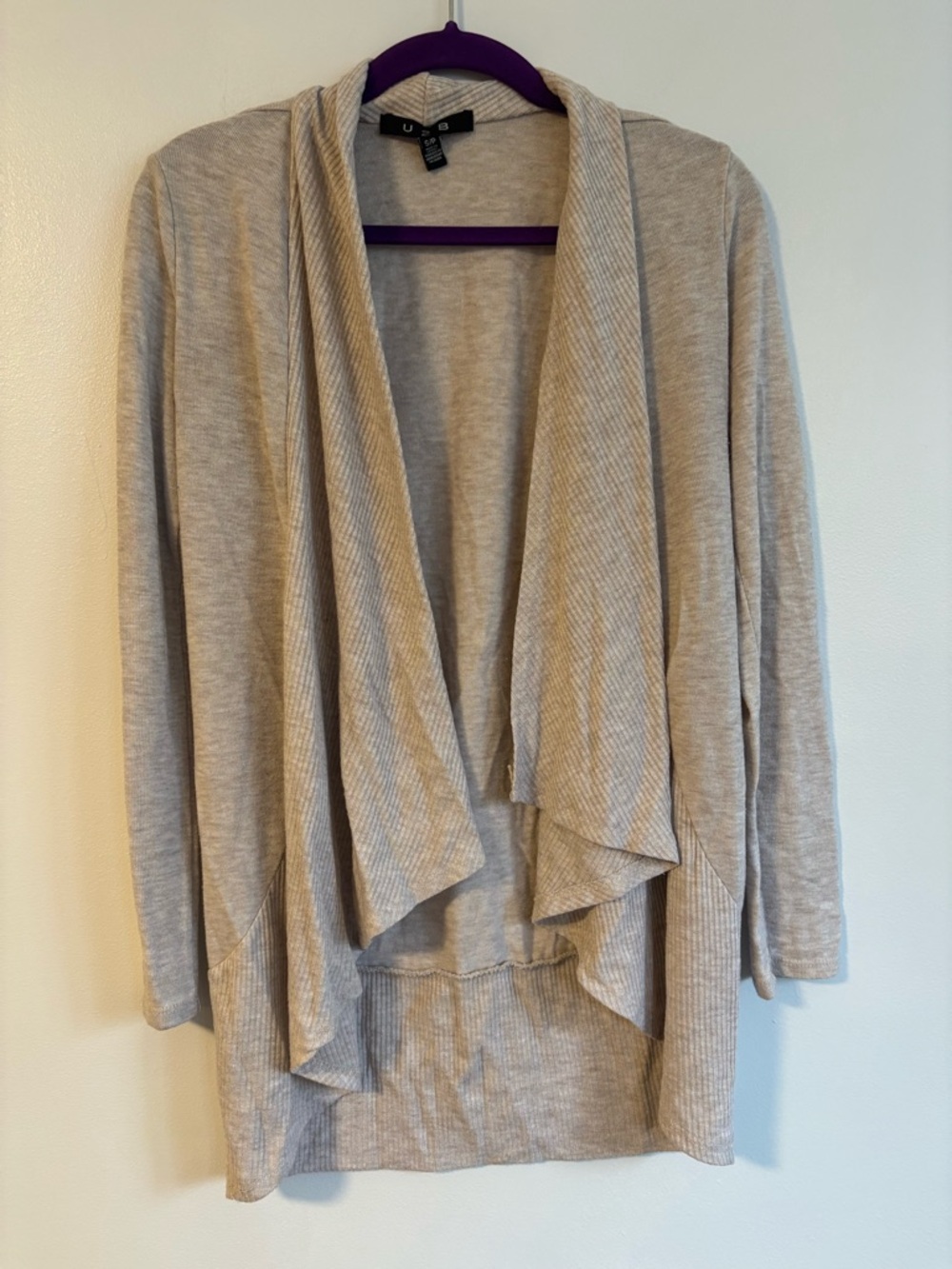 U2B Open Front Waterfall Cardigan Beige Tan Asymmetrical Womens Size S/P Small